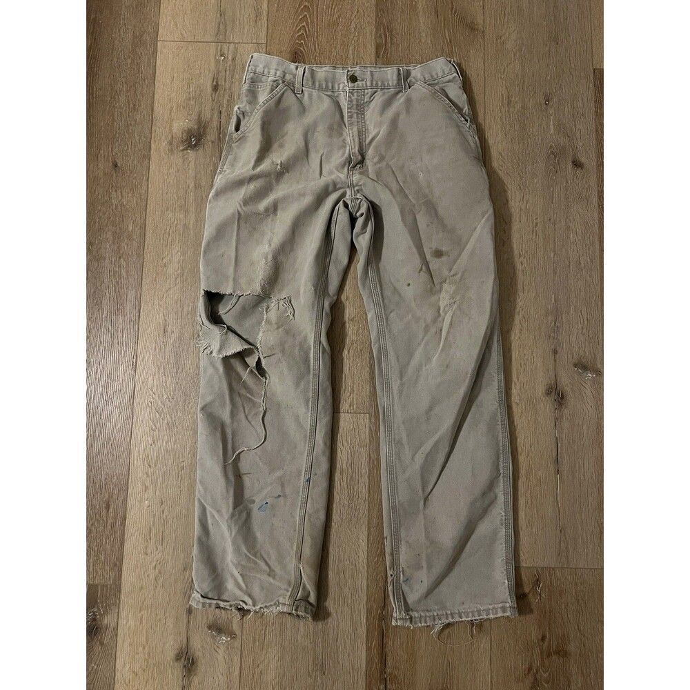 Carhartt Mens Beige B11 DES Khaki Cargo Dungaree Fit Work Carpenter Pants 34X34 - Picture 1 of 3